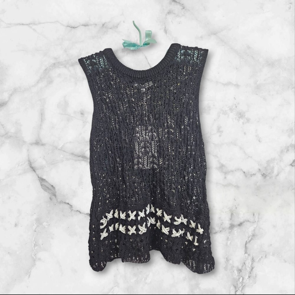 Chic Black Lace Knit Blouse with White Accents, NWT